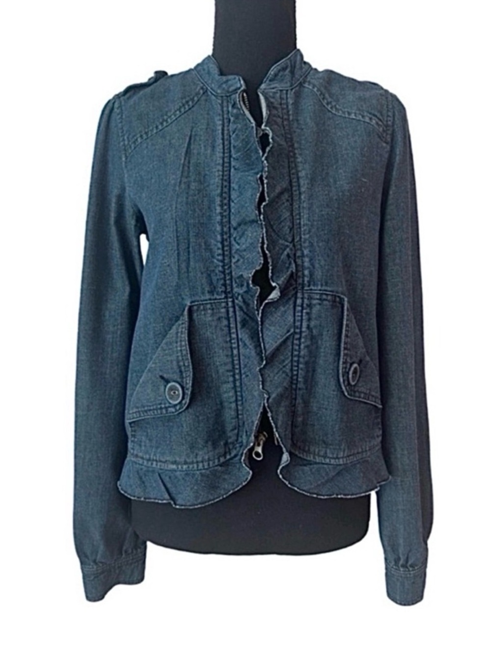 SANCTUARY ~ Dark Wash Ruffled Blue Jean Jacket w/Front Slant Pockets size XS